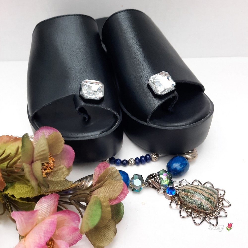 Black Slides Platforms with Large Rhinestones π Toe Loop - Picture 8 of 10